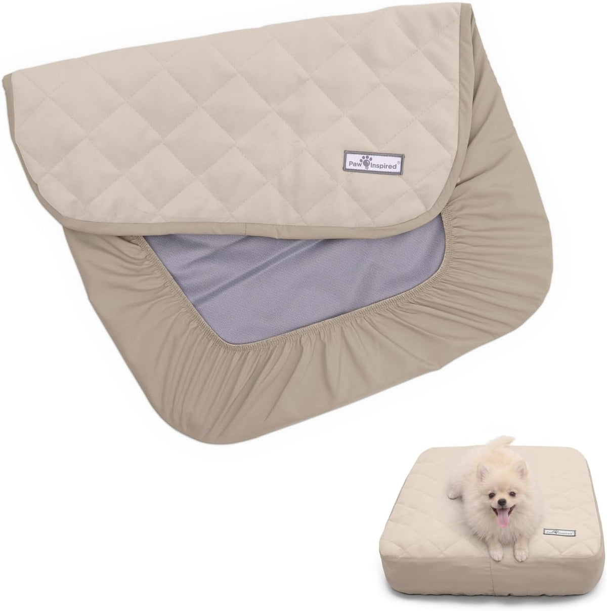 Paw Inspired Washable, Waterproof Fitted Dog Bed Cover, Beige, 34x2x5 Inch | Bed Protector for Dog Mattress, Removable Replacement Cover, For Small to Medium Pet Bed