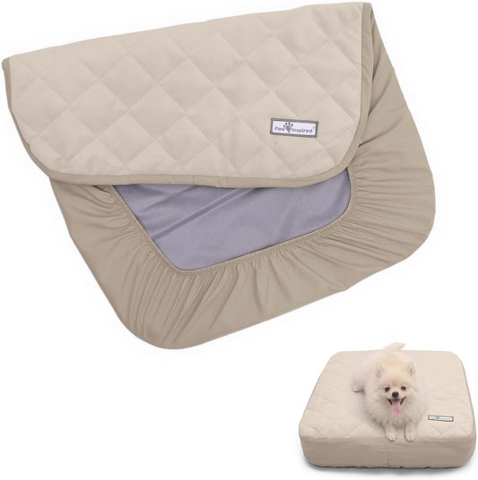 Paw Inspired Washable, Waterproof Fitted Dog Bed Cover, Beige, 34x2x5 Inch | Bed Protector for Dog Mattress, Removable Replacement Cover, For Small to Medium Pet Bed