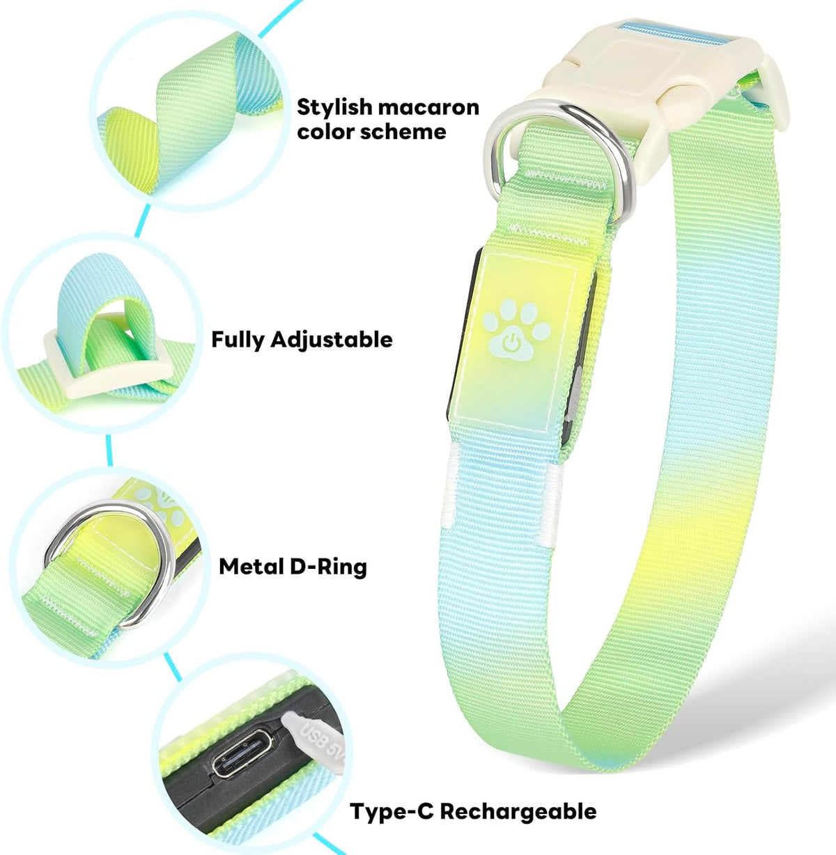LED Dog Collar, Light Up Dog Collar with RGB Macaron Lighting Mode, Glow in the Dark Dog Collar, Type-C Rechargeable, Waterproof, Super Bright TPU, Battery Display for Small Medium Large Dogs