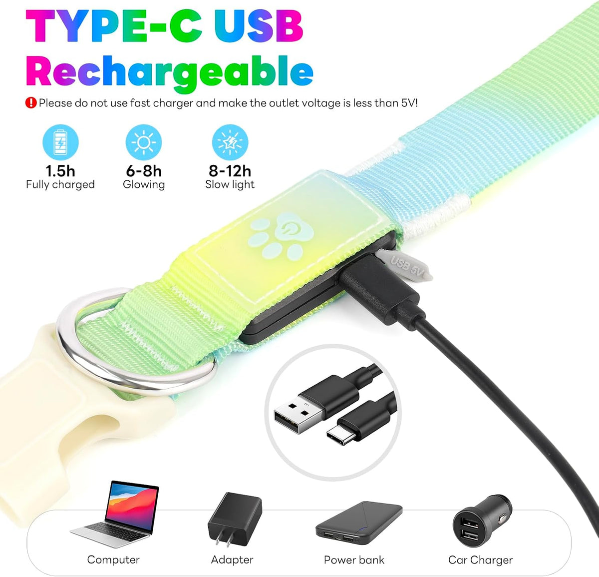LED Dog Collar, Light Up Dog Collar with RGB Macaron Lighting Mode, Glow in the Dark Dog Collar, Type-C Rechargeable, Waterproof, Super Bright TPU, Battery Display for Small Medium Large Dogs