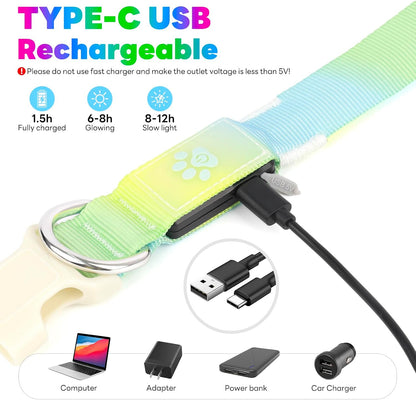 LED Dog Collar, Light Up Dog Collar with RGB Macaron Lighting Mode, Glow in the Dark Dog Collar, Type-C Rechargeable, Waterproof, Super Bright TPU, Battery Display for Small Medium Large Dogs