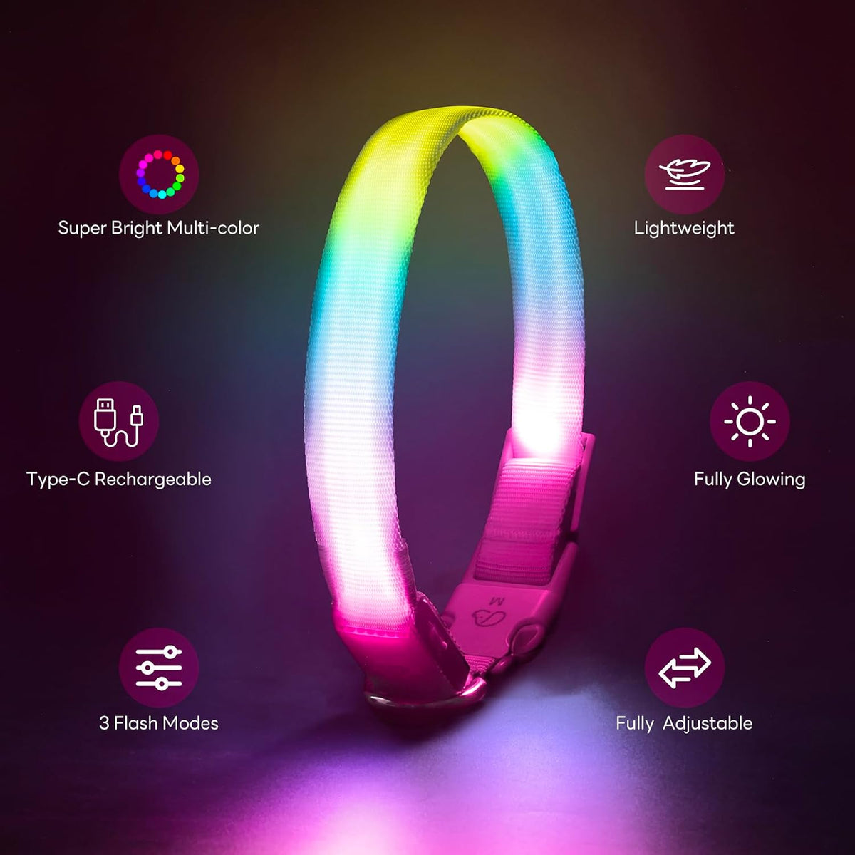 LED Dog Collar, Light Up Dog Collar with RGB Macaron Lighting Mode, Glow in the Dark Dog Collar, Type-C Rechargeable, Waterproof, Super Bright TPU, Battery Display for Small Medium Large Dogs