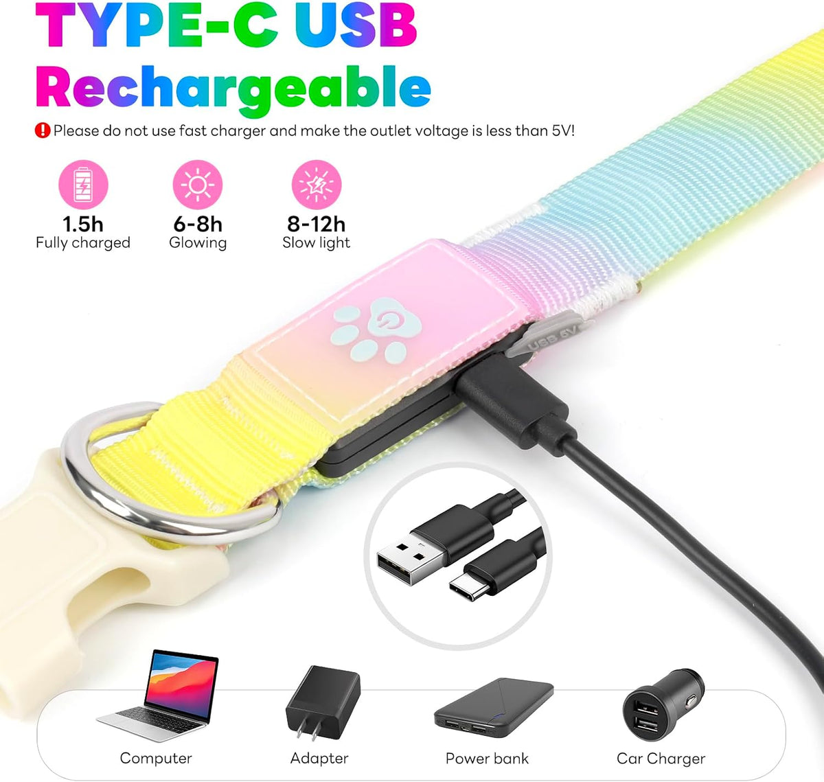 LED Dog Collar, Light Up Dog Collar with RGB Macaron Lighting Mode, Glow in the Dark Dog Collar, Type-C Rechargeable, Waterproof, Super Bright TPU, Battery Display for Small Medium Large Dogs