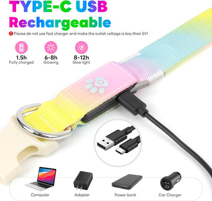 LED Dog Collar, Light Up Dog Collar with RGB Macaron Lighting Mode, Glow in the Dark Dog Collar, Type-C Rechargeable, Waterproof, Super Bright TPU, Battery Display for Small Medium Large Dogs