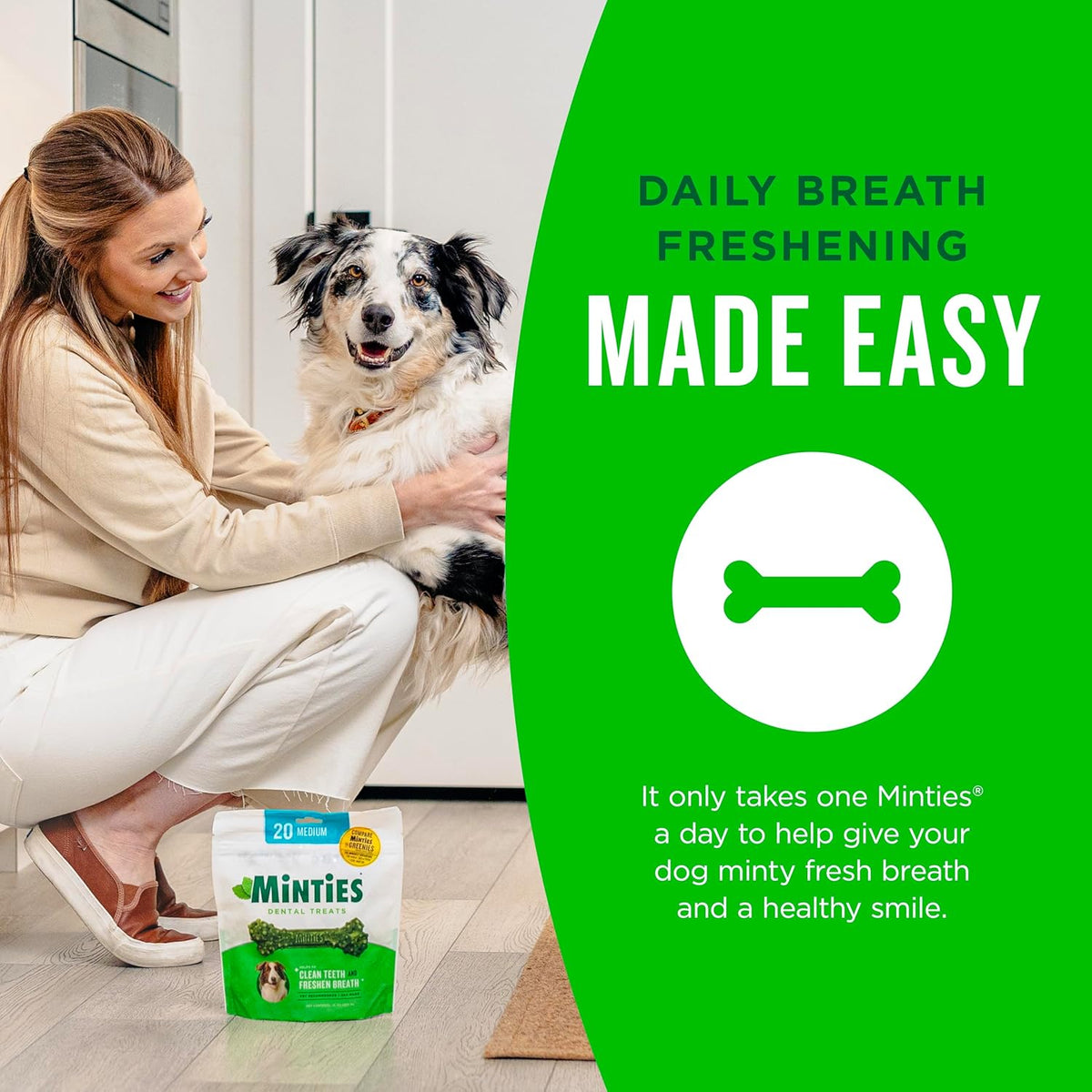 Dental Chews for Dogs, 20 Count, Vet-Recommended Mint-Flavored Dental Dog Treats for Medium Sizes 25-50 lbs, Bones Clean Teeth, Fight Bad Breath, and Removes Plaque and Tartar