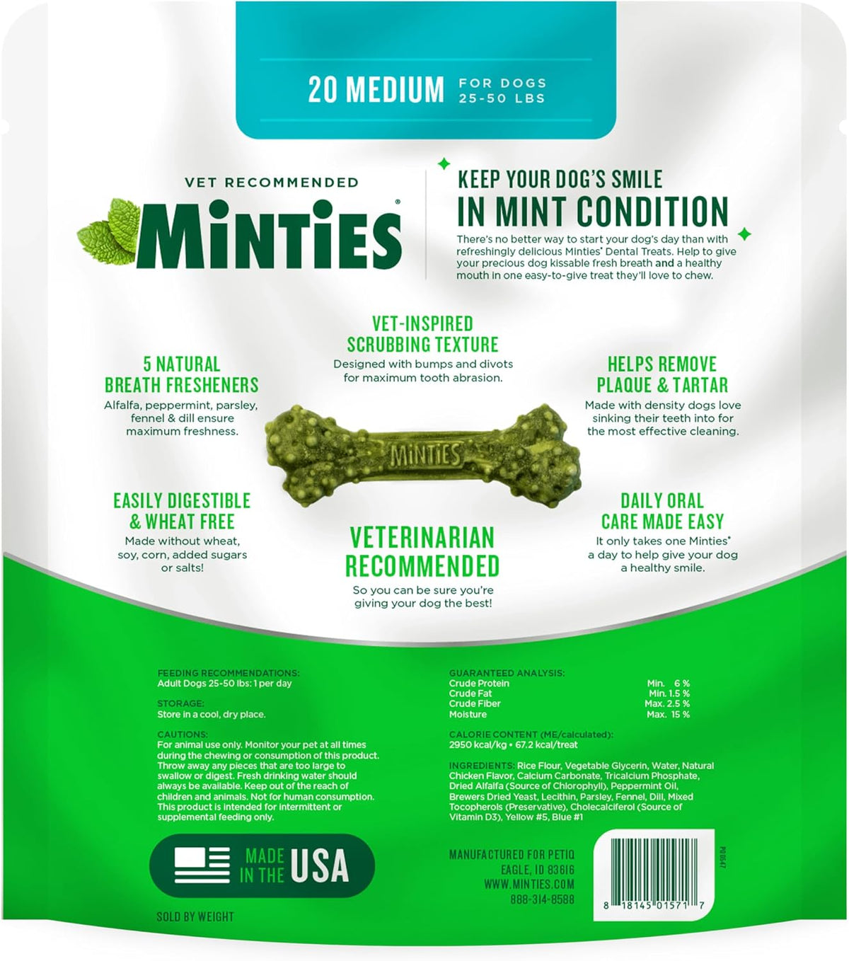 Dental Chews for Dogs, 20 Count, Vet-Recommended Mint-Flavored Dental Dog Treats for Medium Sizes 25-50 lbs, Bones Clean Teeth, Fight Bad Breath, and Removes Plaque and Tartar