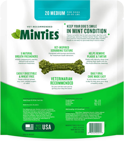 Dental Chews for Dogs, 20 Count, Vet-Recommended Mint-Flavored Dental Dog Treats for Medium Sizes 25-50 lbs, Bones Clean Teeth, Fight Bad Breath, and Removes Plaque and Tartar