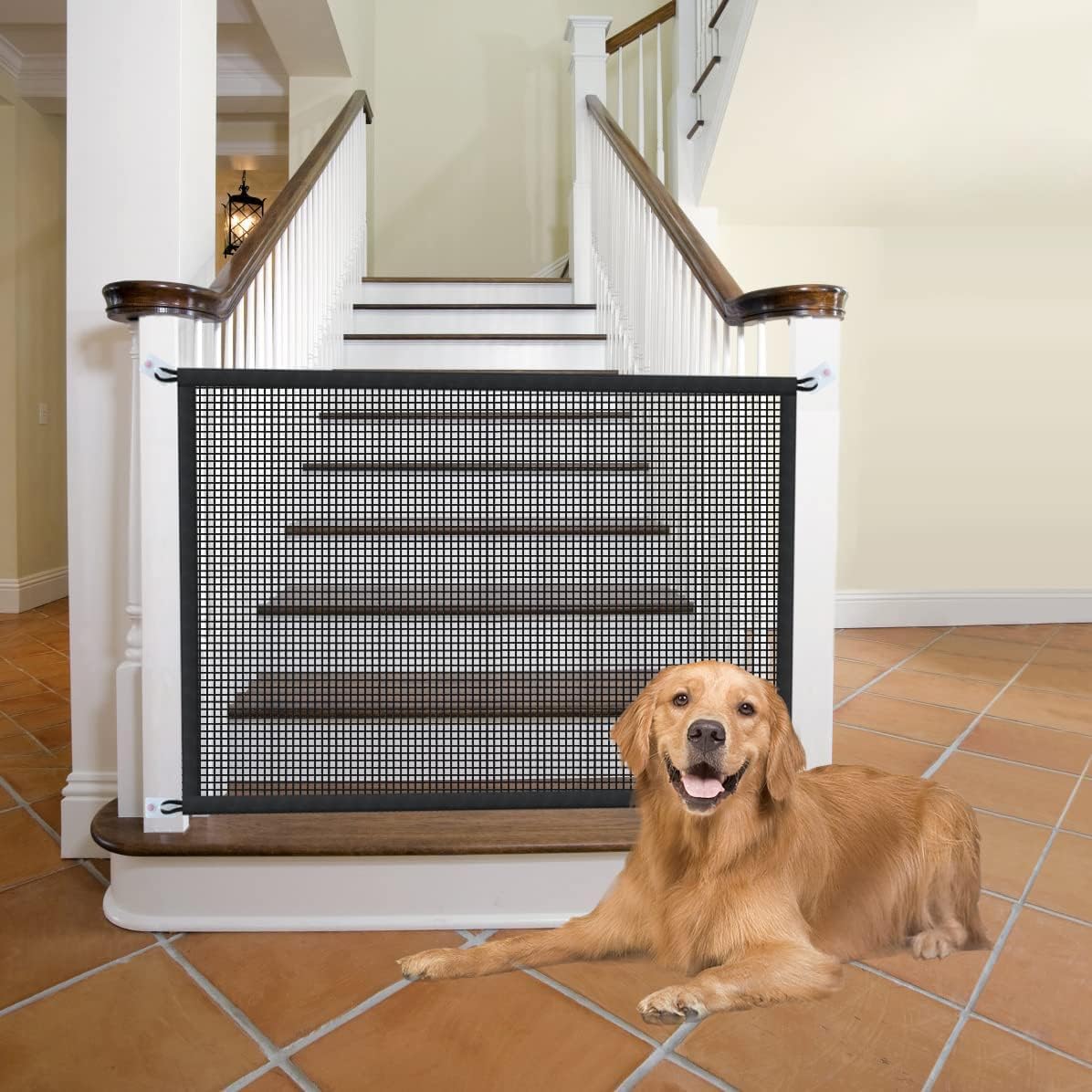 Dog Gate for Stairs Pet Gates for The House: Dogs Screen Mesh Gate for Doorways Stairways Indoor Safety 29 inches Tall, 38 inch Wide .6 Hooks !