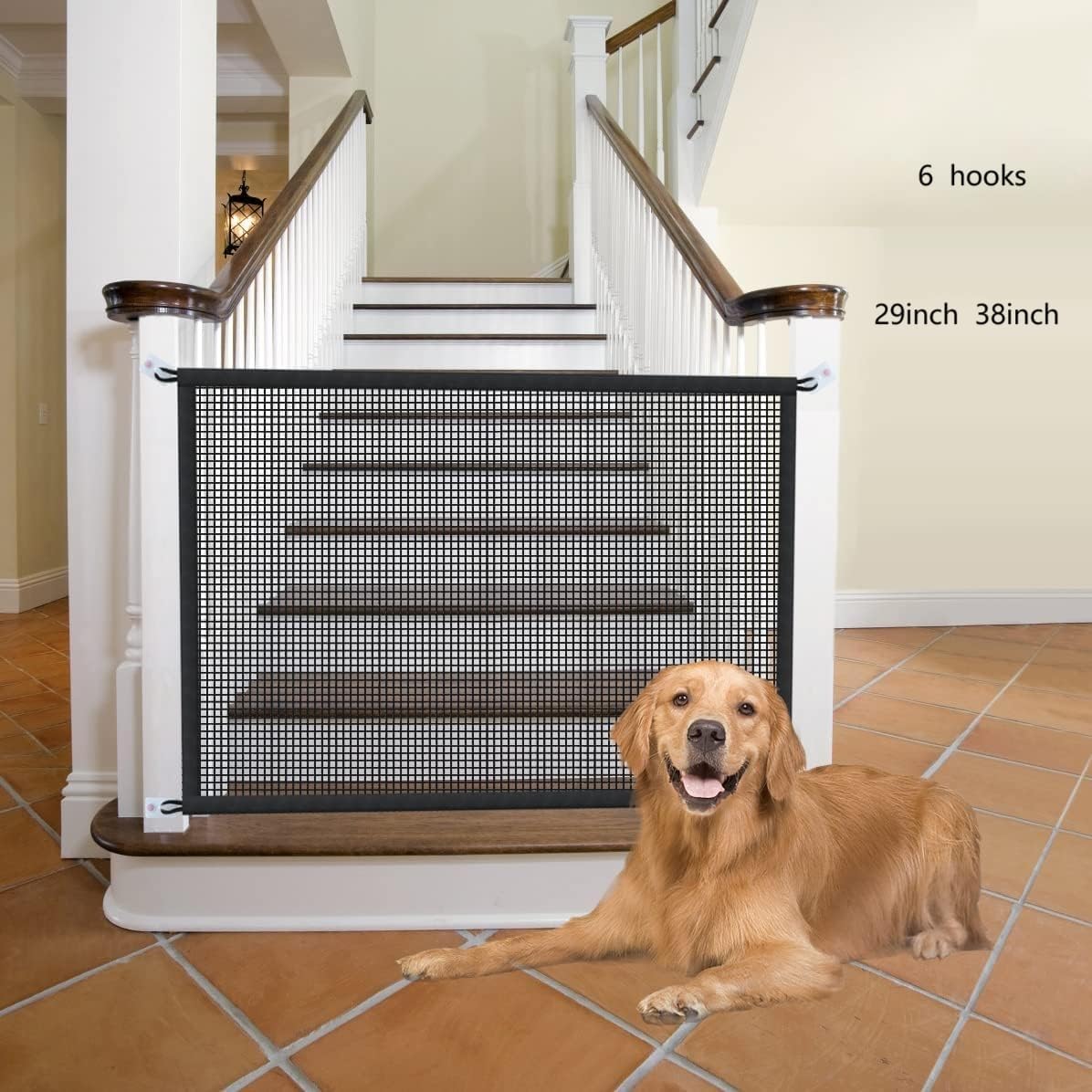 Dog Gate for Stairs Pet Gates for The House: Dogs Screen Mesh Gate for Doorways Stairways Indoor Safety 29 inches Tall, 38 inch Wide .6 Hooks !