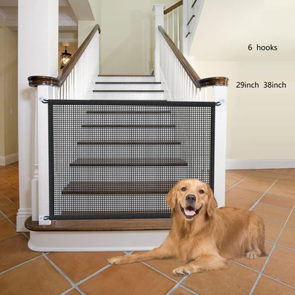 Dog Gate for Stairs Pet Gates for The House: Dogs Screen Mesh Gate for Doorways Stairways Indoor Safety 29 inches Tall, 38 inch Wide .6 Hooks !