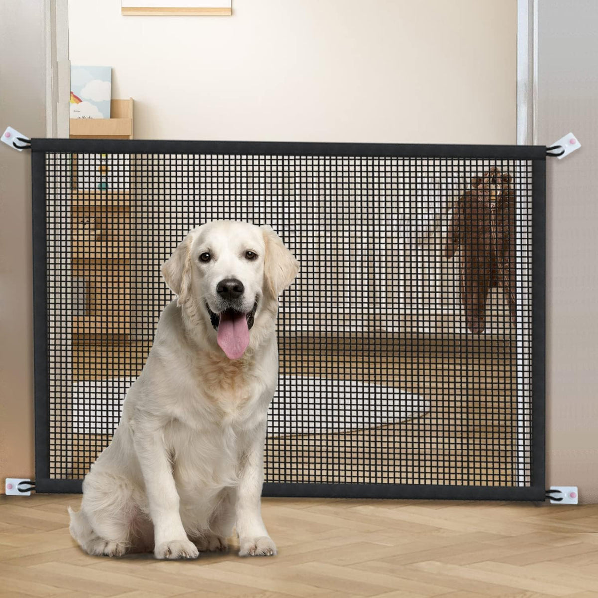 Dog Gate for Stairs Pet Gates for The House: Dogs Screen Mesh Gate for Doorways Stairways Indoor Safety 29 inches Tall, 38 inch Wide .6 Hooks !