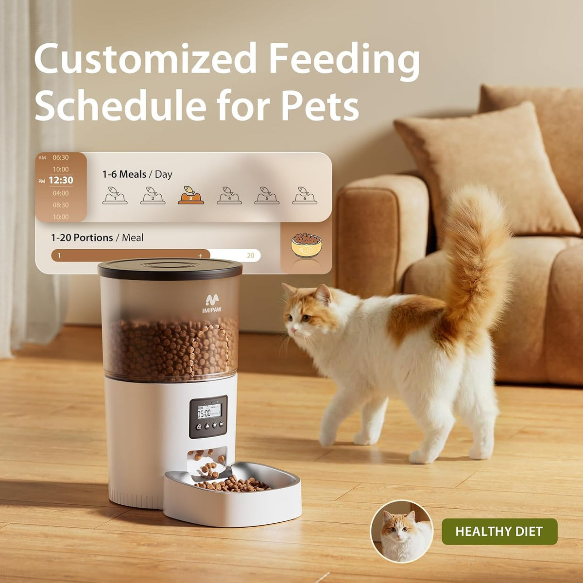 Automatic Cat Feeder, 3L Timed Pet Dry Food Dispenser with Clog-Free Design, Auto Feeder for Cats, 1-6 Meals Per Day, Desiccant Bags, with Stainless Steel