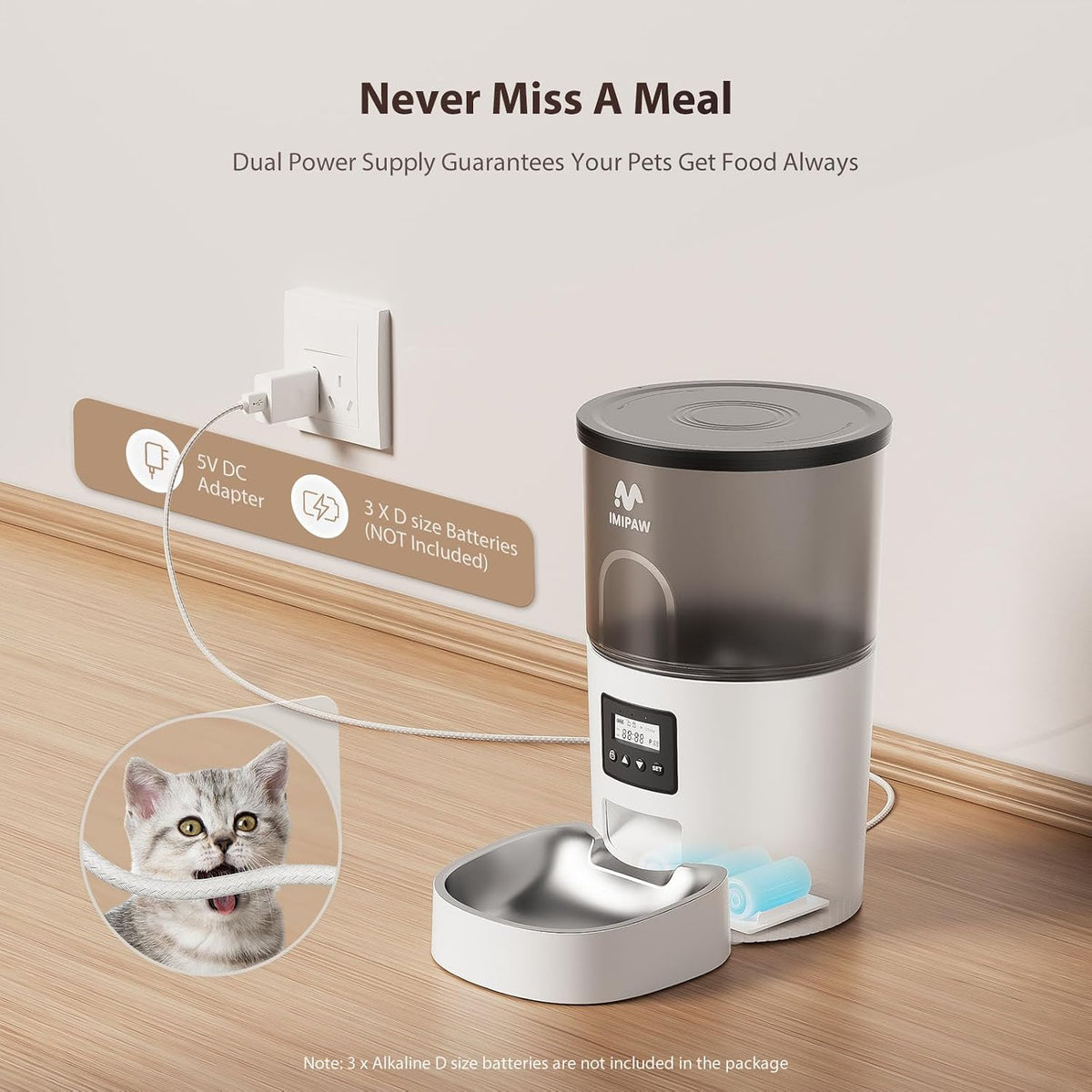 Automatic Cat Feeder, 3L Timed Pet Dry Food Dispenser with Clog-Free Design, Auto Feeder for Cats, 1-6 Meals Per Day, Desiccant Bags, with Stainless Steel