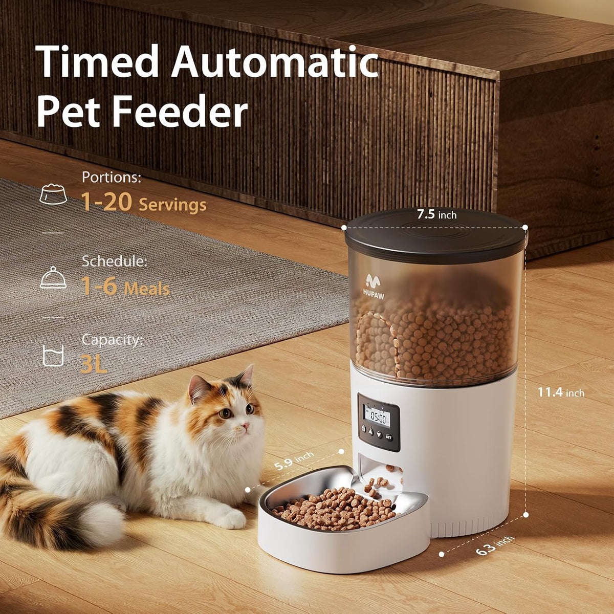 Automatic Cat Feeder, 3L Timed Pet Dry Food Dispenser with Clog-Free Design, Auto Feeder for Cats, 1-6 Meals Per Day, Desiccant Bags, with Stainless Steel