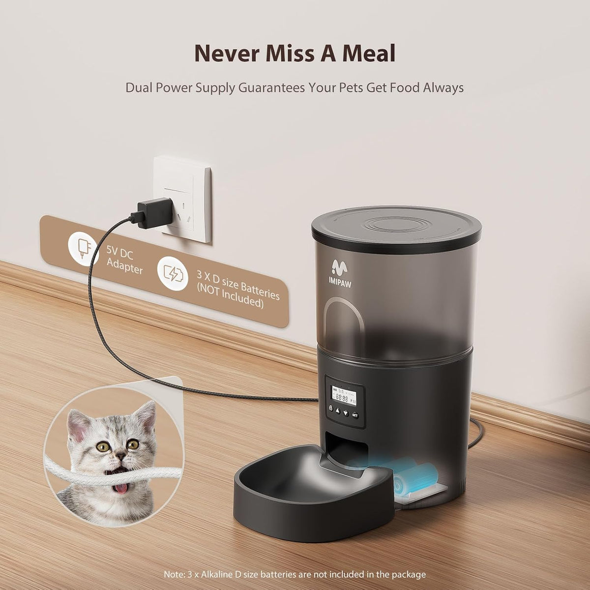 Automatic Cat Feeder, 3L Timed Pet Dry Food Dispenser with Clog-Free Design, Auto Feeder for Cats, 1-6 Meals Per Day, Desiccant Bags, with Stainless Steel