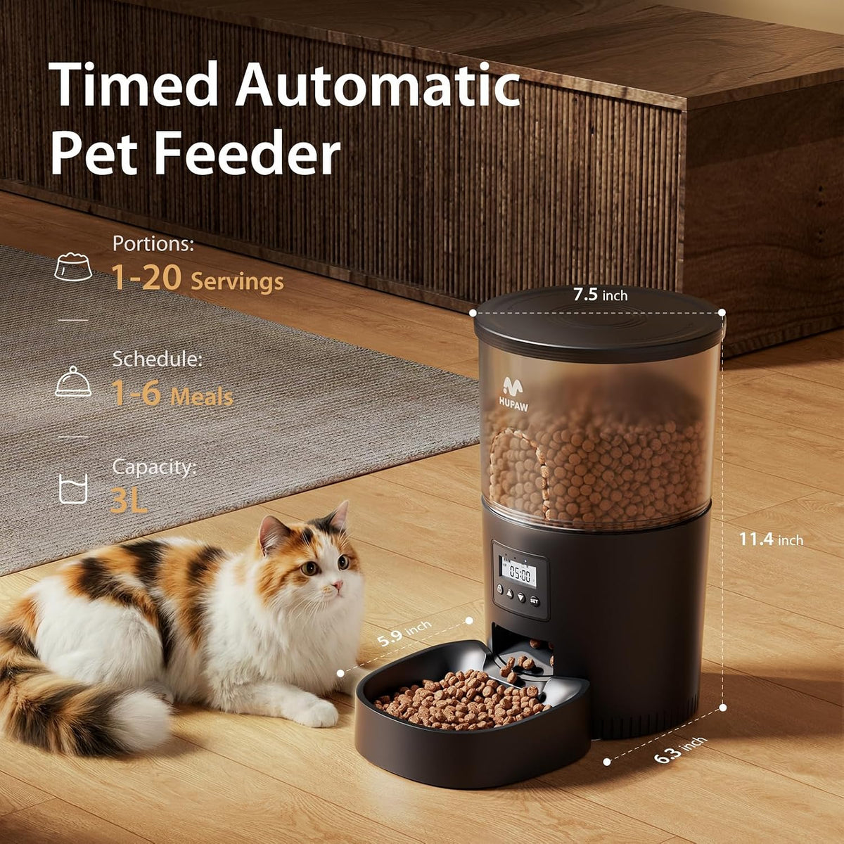 Automatic Cat Feeder, 3L Timed Pet Dry Food Dispenser with Clog-Free Design, Auto Feeder for Cats, 1-6 Meals Per Day, Desiccant Bags, with Stainless Steel