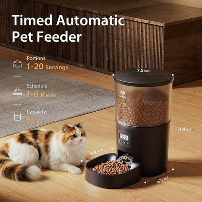 Automatic Cat Feeder, 3L Timed Pet Dry Food Dispenser with Clog-Free Design, Auto Feeder for Cats, 1-6 Meals Per Day, Desiccant Bags, with Stainless Steel