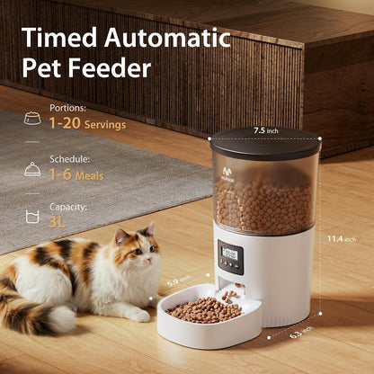 Automatic Cat Feeder, 3L Timed Pet Dry Food Dispenser with Clog-Free Design, Auto Feeder for Cats, 1-6 Meals Per Day, Desiccant Bags, with Stainless Steel