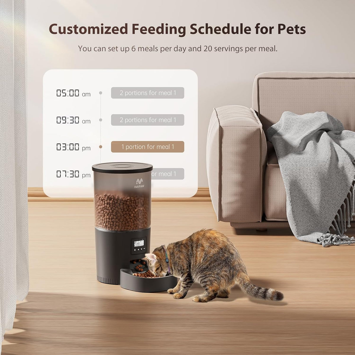 Automatic Cat Feeder, 3L Timed Pet Dry Food Dispenser with Clog-Free Design, Auto Feeder for Cats, 1-6 Meals Per Day, Desiccant Bags, with Stainless Steel