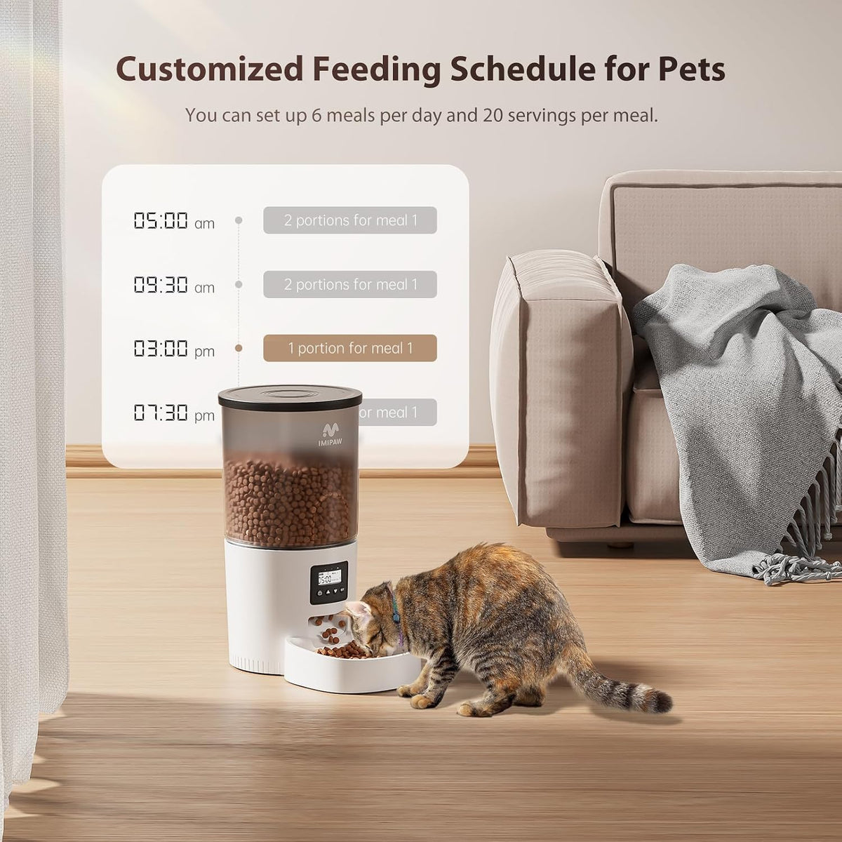 Automatic Cat Feeder, 3L Timed Pet Dry Food Dispenser with Clog-Free Design, Auto Feeder for Cats, 1-6 Meals Per Day, Desiccant Bags, with Stainless Steel