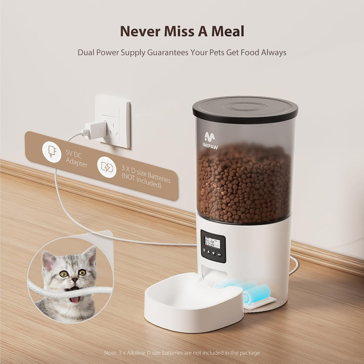 Automatic Cat Feeder, 3L Timed Pet Dry Food Dispenser with Clog-Free Design, Auto Feeder for Cats, 1-6 Meals Per Day, Desiccant Bags, with Stainless Steel