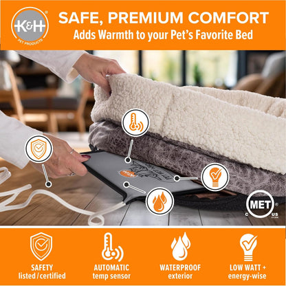 K&H Pet Bed Warmer, Safety Listed, Dog Heating Pad, Large 24.5x11.75in Gray