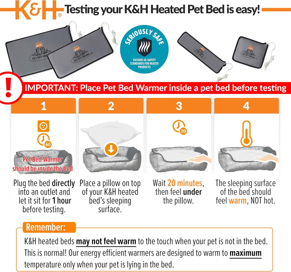 K&H Pet Bed Warmer, Safety Listed, Dog Heating Pad, Large 24.5x11.75in Gray