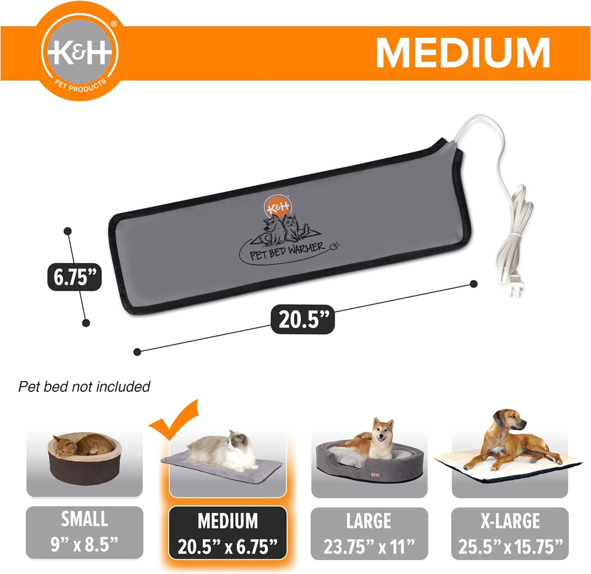 K&H Pet Bed Warmer, Safety Listed, Dog Heating Pad, Large 24.5x11.75in Gray