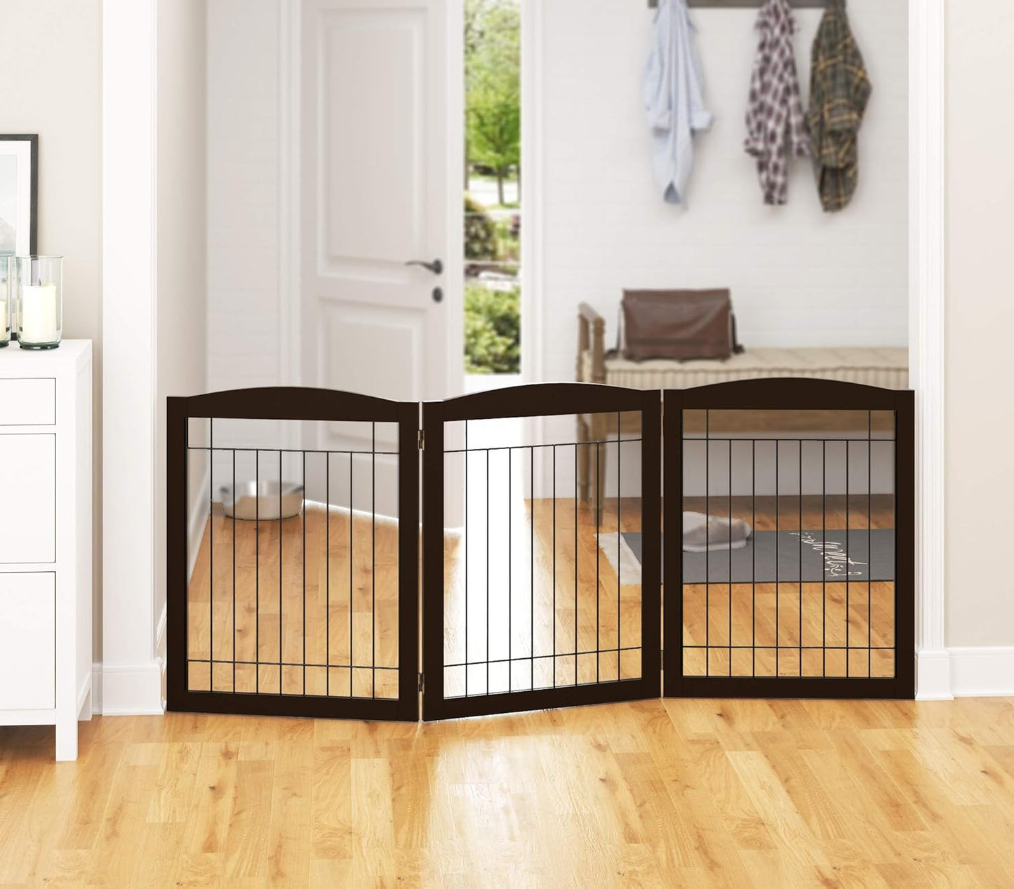PAWLAND 144-inch Extra Wide 30-inches Tall Dog gate with Door Walk Through, Freestanding Wire Pet Gate for The House, Doorway, Stairs, Pet Puppy Safety Fence, Support Feet Included, Espresso,6 Panels