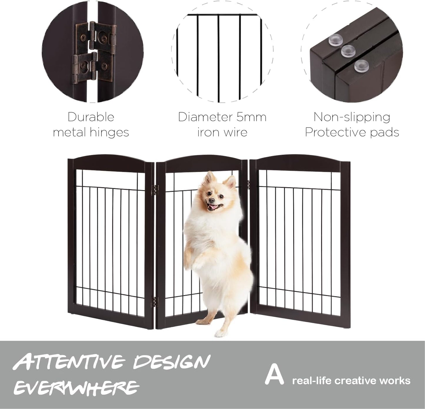 PAWLAND 144-inch Extra Wide 30-inches Tall Dog gate with Door Walk Through, Freestanding Wire Pet Gate for The House, Doorway, Stairs, Pet Puppy Safety Fence, Support Feet Included, Espresso,6 Panels