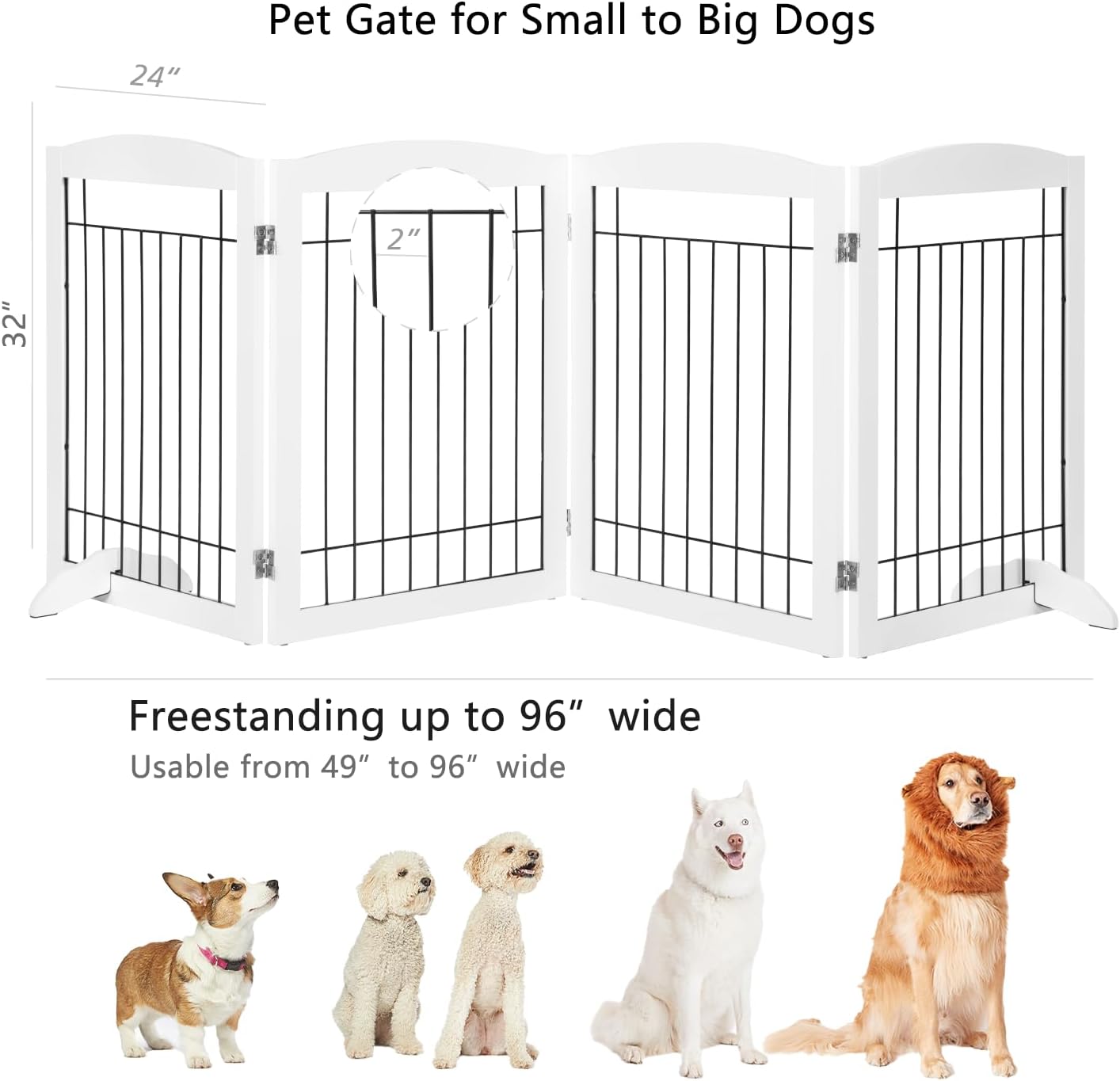 PAWLAND 144-inch Extra Wide 30-inches Tall Dog gate with Door Walk Through, Freestanding Wire Pet Gate for The House, Doorway, Stairs, Pet Puppy Safety Fence, Support Feet Included, Espresso,6 Panels