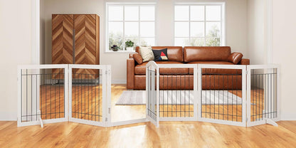PAWLAND 144-inch Extra Wide 30-inches Tall Dog gate with Door Walk Through, Freestanding Wire Pet Gate for The House, Doorway, Stairs, Pet Puppy Safety Fence, Support Feet Included, Espresso,6 Panels