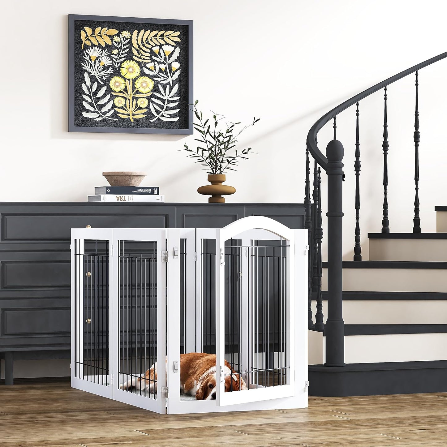 PAWLAND 144-inch Extra Wide 30-inches Tall Dog gate with Door Walk Through, Freestanding Wire Pet Gate for The House, Doorway, Stairs, Pet Puppy Safety Fence, Support Feet Included, Espresso,6 Panels