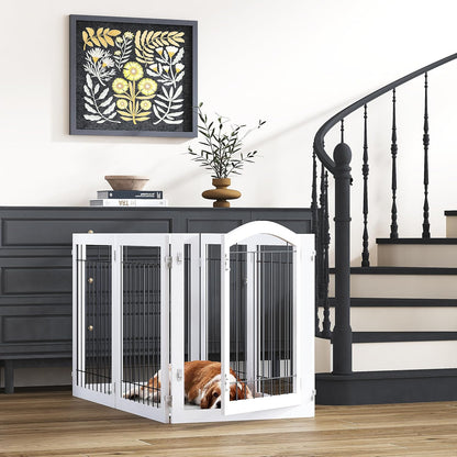 PAWLAND 144-inch Extra Wide 30-inches Tall Dog gate with Door Walk Through, Freestanding Wire Pet Gate for The House, Doorway, Stairs, Pet Puppy Safety Fence, Support Feet Included, Espresso,6 Panels