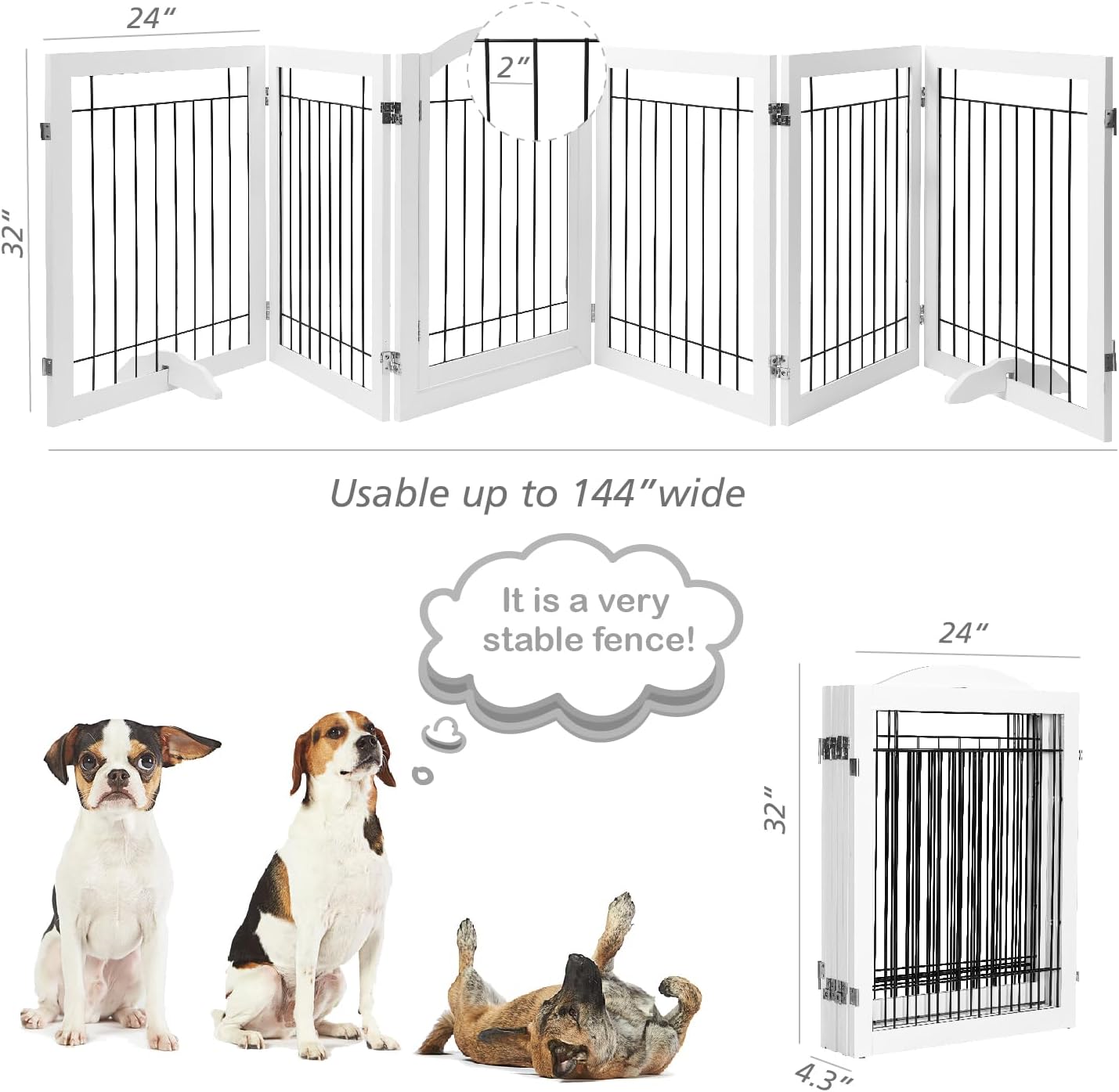 PAWLAND 144-inch Extra Wide 30-inches Tall Dog gate with Door Walk Through, Freestanding Wire Pet Gate for The House, Doorway, Stairs, Pet Puppy Safety Fence, Support Feet Included, Espresso,6 Panels