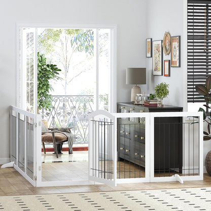 PAWLAND 144-inch Extra Wide 30-inches Tall Dog gate with Door Walk Through, Freestanding Wire Pet Gate for The House, Doorway, Stairs, Pet Puppy Safety Fence, Support Feet Included, Espresso,6 Panels