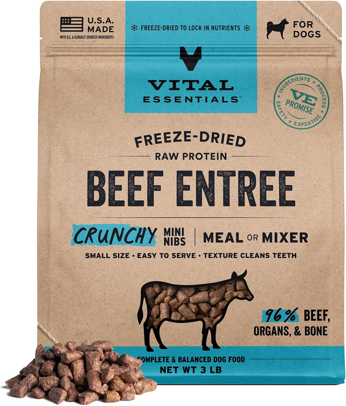 Freeze Dried Dog Food, Beef Mini Nibs, 14 oz Bag