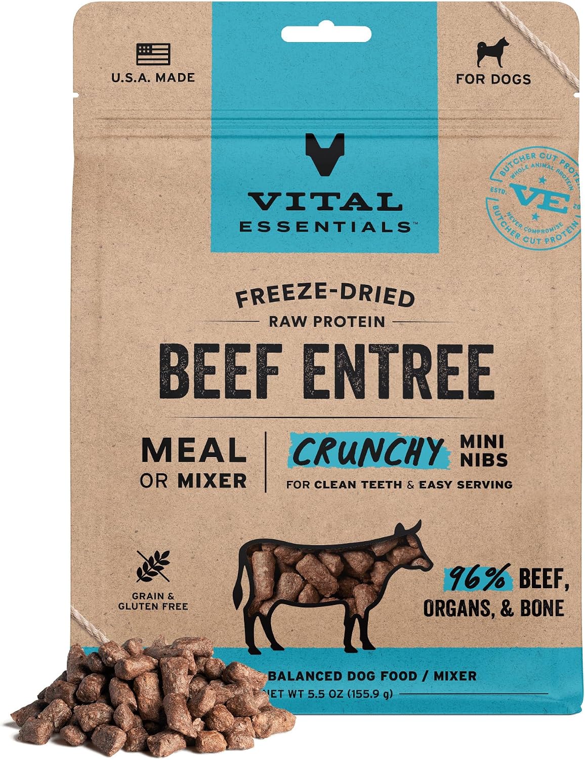 Freeze Dried Dog Food, Beef Mini Nibs, 14 oz Bag