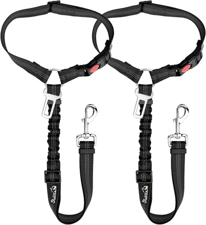 Dog Seat Belt for Car, 2 Pack Dog Car Harness Seatbelt with Bungee | 2 in 1 Pet Car Leash Headrest Restraint & Dog Safety Tether Clip, Adjustable with Elastic Buffer, Reflective, Black M/L