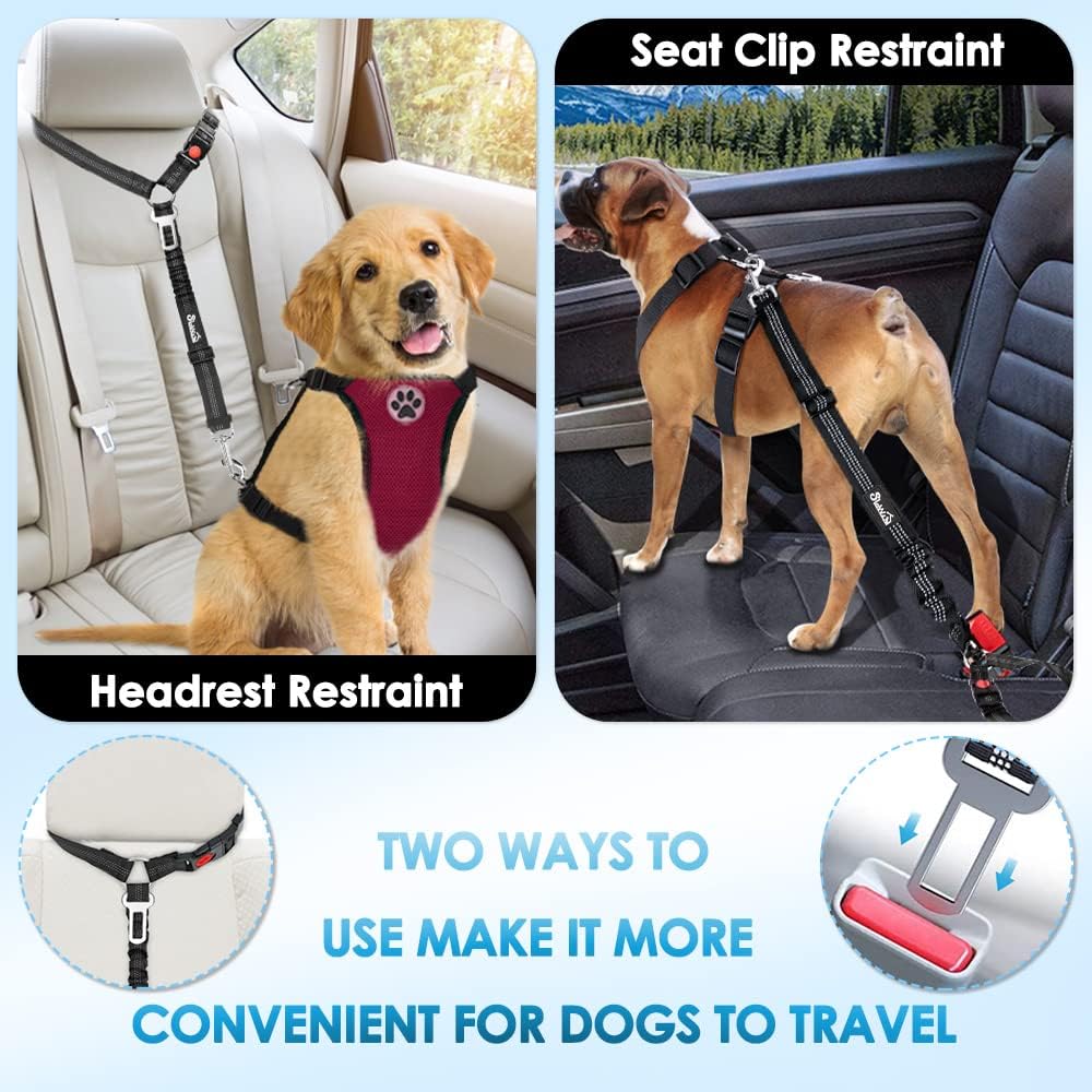 Dog Seat Belt for Car, 2 Pack Dog Car Harness Seatbelt with Bungee | 2 in 1 Pet Car Leash Headrest Restraint & Dog Safety Tether Clip, Adjustable with Elastic Buffer, Reflective, Black M/L