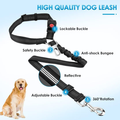 Dog Seat Belt for Car, 2 Pack Dog Car Harness Seatbelt with Bungee | 2 in 1 Pet Car Leash Headrest Restraint & Dog Safety Tether Clip, Adjustable with Elastic Buffer, Reflective, Black M/L