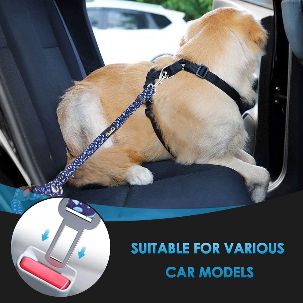 Dog Seat Belt for Car, 2 Pack Dog Car Harness Seatbelt with Bungee | 2 in 1 Pet Car Leash Headrest Restraint & Dog Safety Tether Clip, Adjustable with Elastic Buffer, Reflective, Black M/L