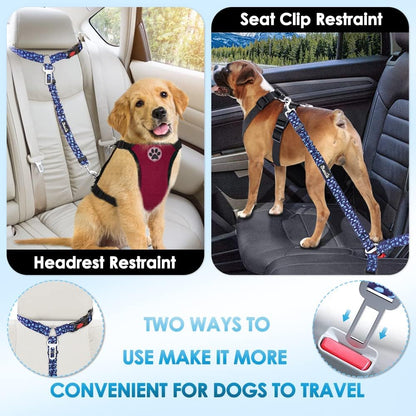 Dog Seat Belt for Car, 2 Pack Dog Car Harness Seatbelt with Bungee | 2 in 1 Pet Car Leash Headrest Restraint & Dog Safety Tether Clip, Adjustable with Elastic Buffer, Reflective, Black M/L