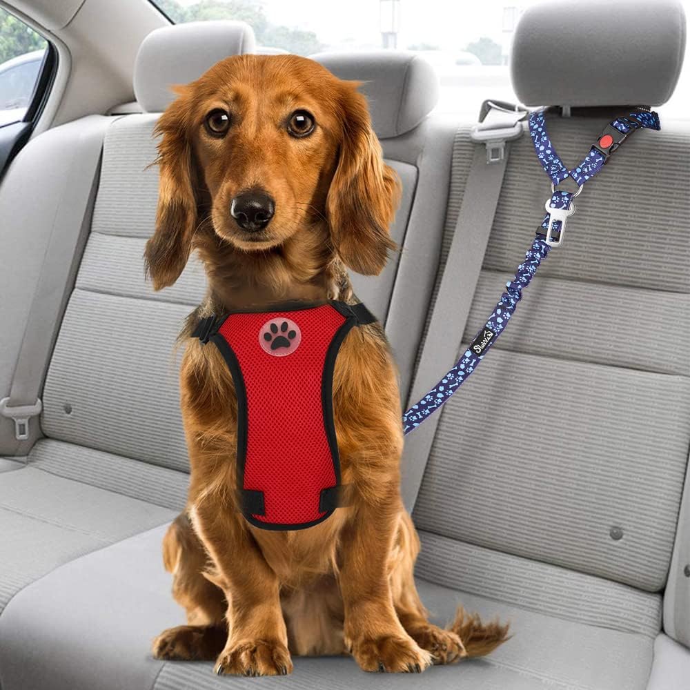 Dog Seat Belt for Car, 2 Pack Dog Car Harness Seatbelt with Bungee | 2 in 1 Pet Car Leash Headrest Restraint & Dog Safety Tether Clip, Adjustable with Elastic Buffer, Reflective, Black M/L