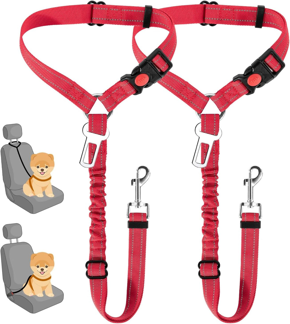 Dog Seat Belt for Car, 2 Pack Dog Car Harness Seatbelt with Bungee | 2 in 1 Pet Car Leash Headrest Restraint & Dog Safety Tether Clip, Adjustable with Elastic Buffer, Reflective, Black M/L