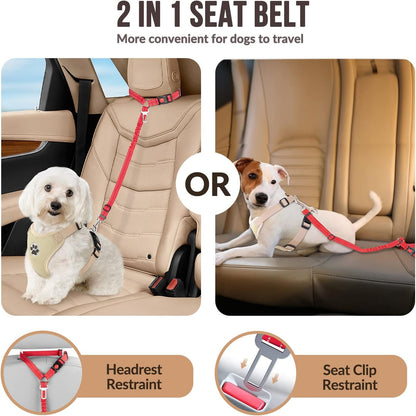 Dog Seat Belt for Car, 2 Pack Dog Car Harness Seatbelt with Bungee | 2 in 1 Pet Car Leash Headrest Restraint & Dog Safety Tether Clip, Adjustable with Elastic Buffer, Reflective, Black M/L