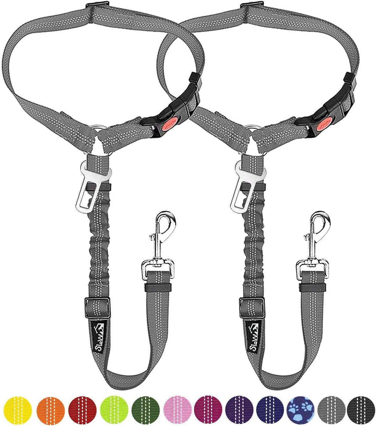 Dog Seat Belt for Car, 2 Pack Dog Car Harness Seatbelt with Bungee | 2 in 1 Pet Car Leash Headrest Restraint & Dog Safety Tether Clip, Adjustable with Elastic Buffer, Reflective, Black M/L