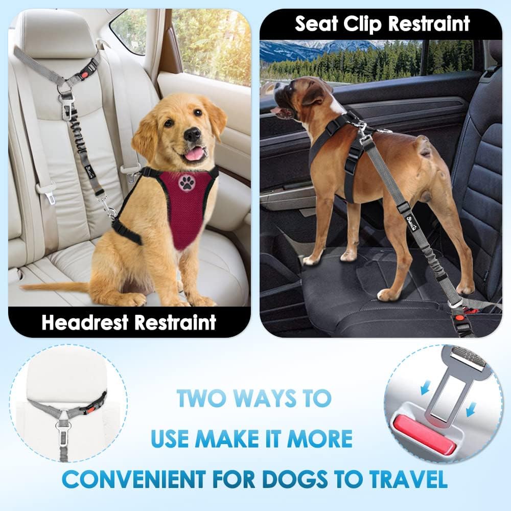 Dog Seat Belt for Car, 2 Pack Dog Car Harness Seatbelt with Bungee | 2 in 1 Pet Car Leash Headrest Restraint & Dog Safety Tether Clip, Adjustable with Elastic Buffer, Reflective, Black M/L