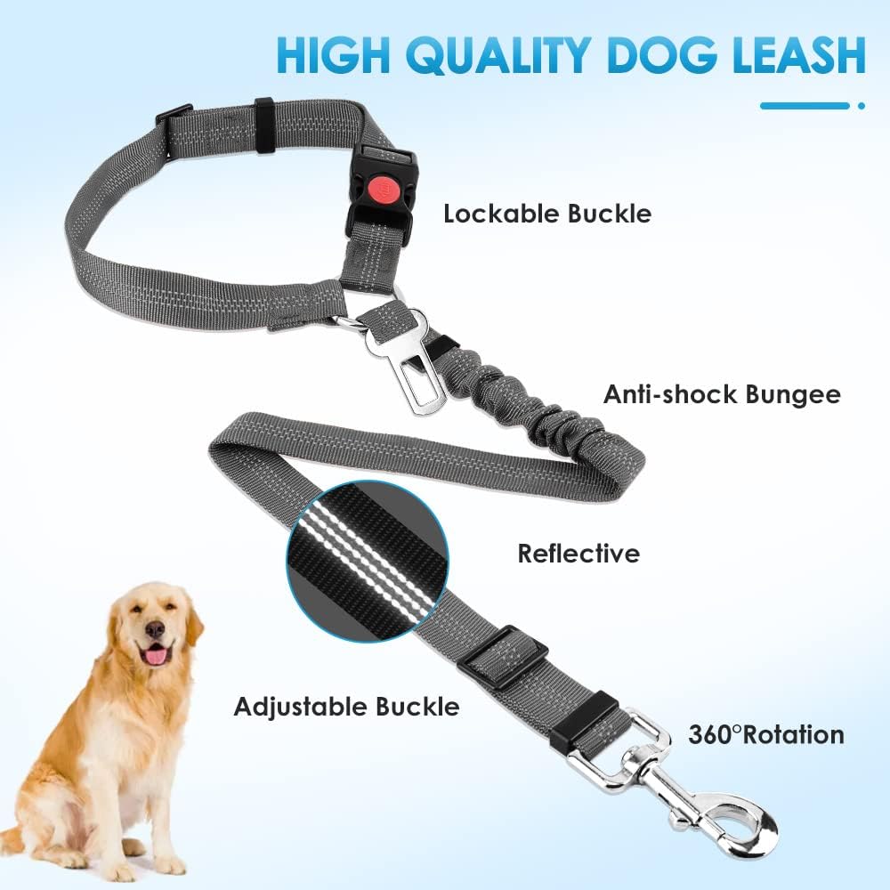 Dog Seat Belt for Car, 2 Pack Dog Car Harness Seatbelt with Bungee | 2 in 1 Pet Car Leash Headrest Restraint & Dog Safety Tether Clip, Adjustable with Elastic Buffer, Reflective, Black M/L