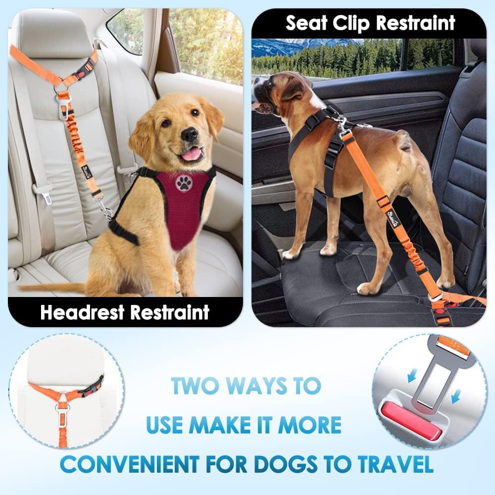 Dog Seat Belt for Car, 2 Pack Dog Car Harness Seatbelt with Bungee | 2 in 1 Pet Car Leash Headrest Restraint & Dog Safety Tether Clip, Adjustable with Elastic Buffer, Reflective, Black M/L